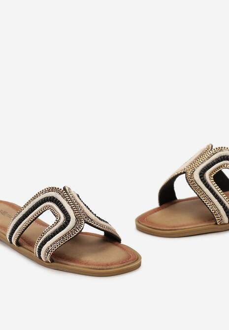 Czarne Wsuwane Klapki na Płaskim Obcasie Zdobione Koralikami i Łańcuszkiem Allieta