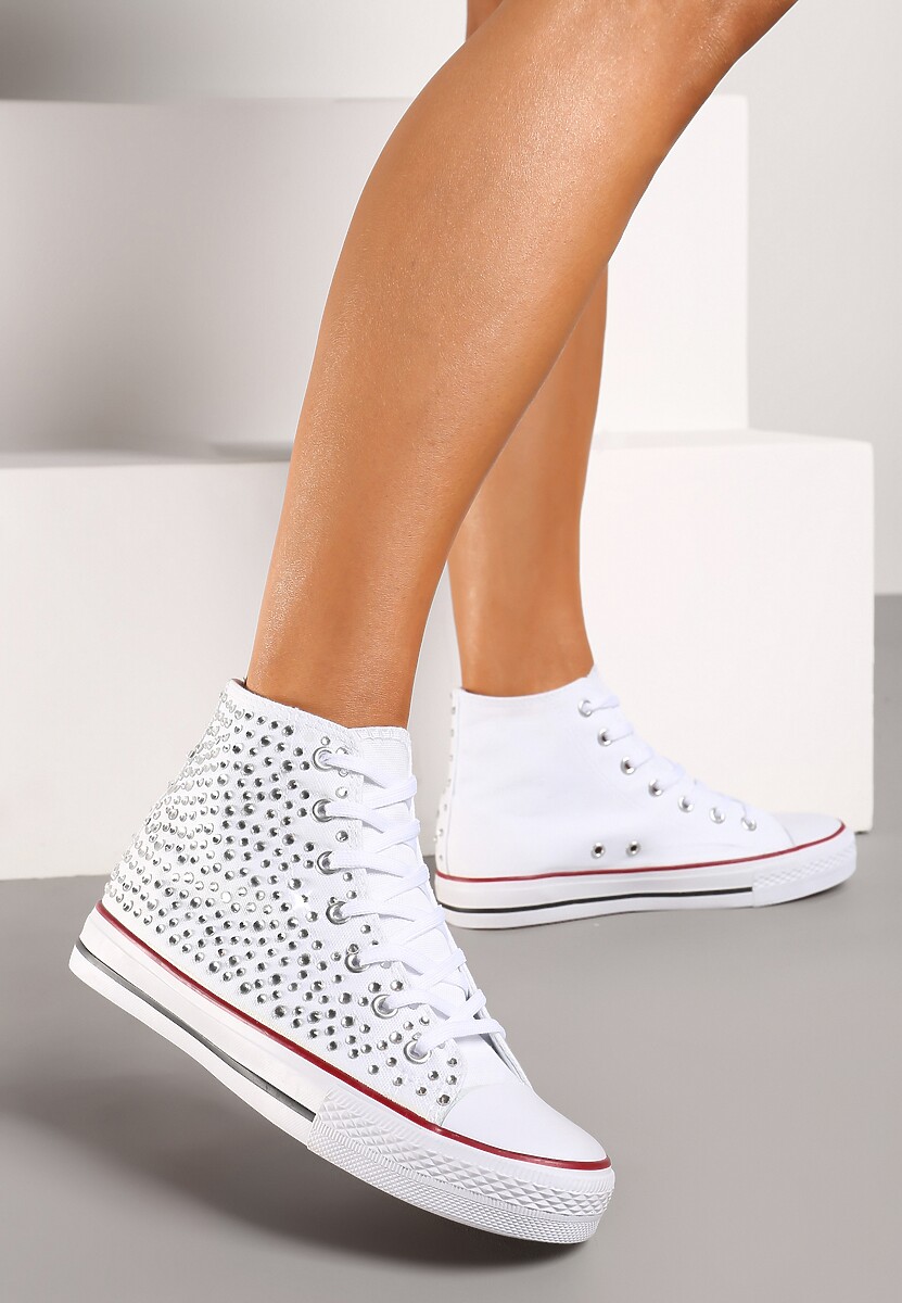 Białe Cyrkoniowe Trampki na Płaskiej Podeszwie z Wysoką Cholewką Isisea