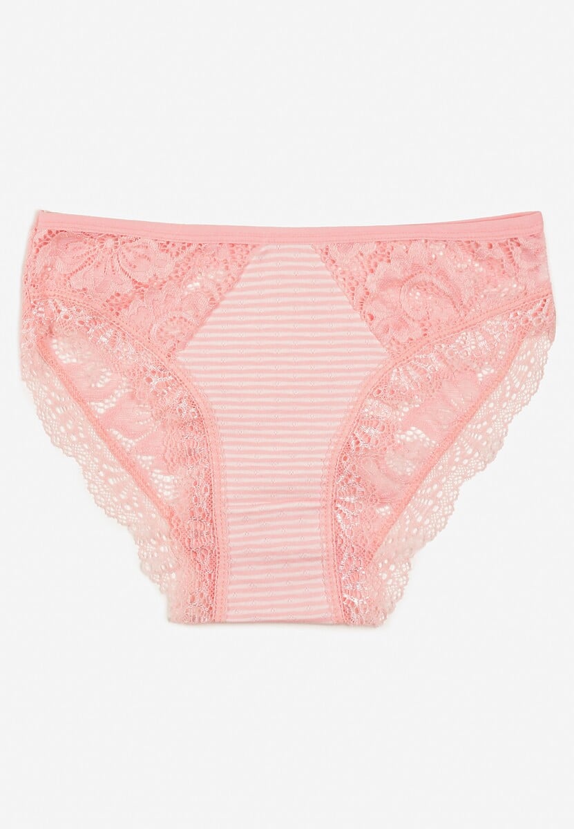 Różowe Majtki Figi Ozdobione Wzorem w Paseczki i Koronką Olibia