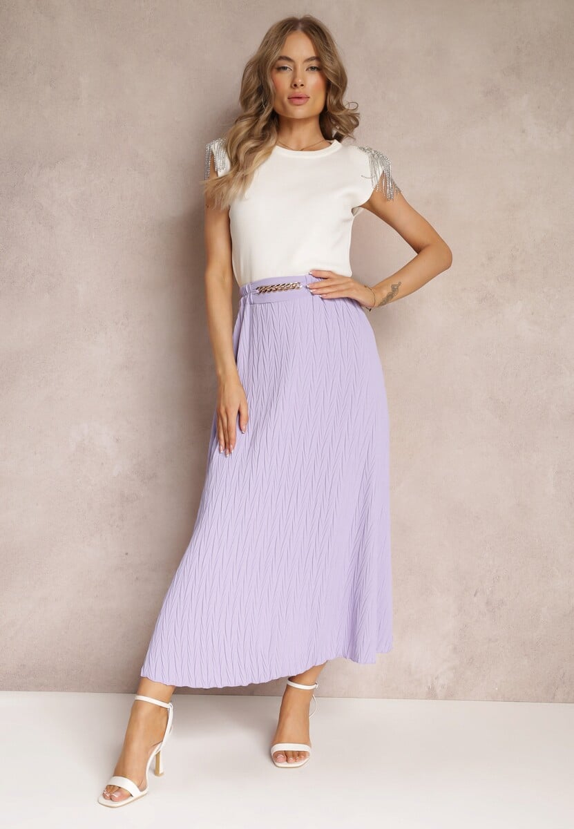 Fioletowa Rozkloszowana Spódnica Maxi z Gumką w Talii i Łańcuchem Lilurka