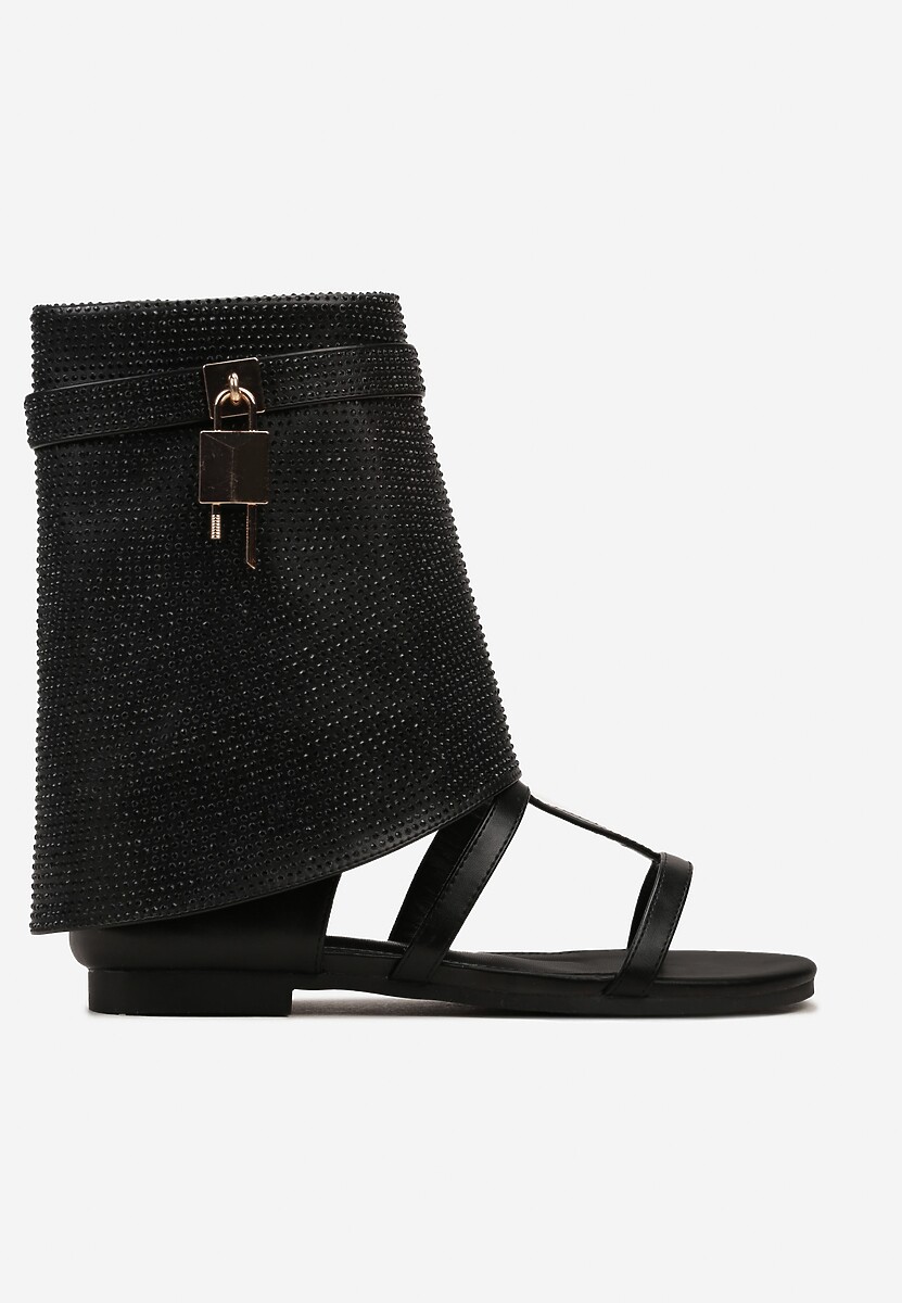 Czarne Sandały z Modnie Wywiniętą Cholewką z Cyrkoniami Intirra