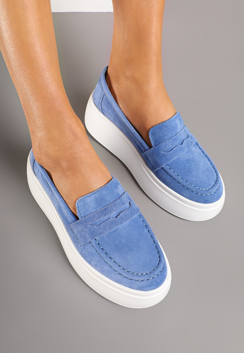 Granatowe Mokasyny ze Skóry Naturalnej na Platformie Eleanine