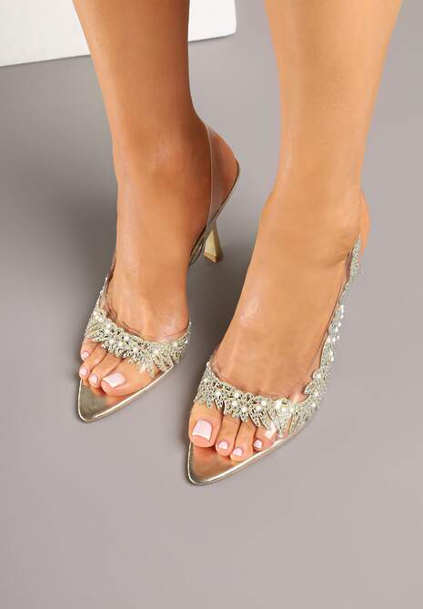 Złote Przezroczyste Sandały na Szpilce Vices ze Skórzaną Wkładką i Cyrkoniami Oviassa