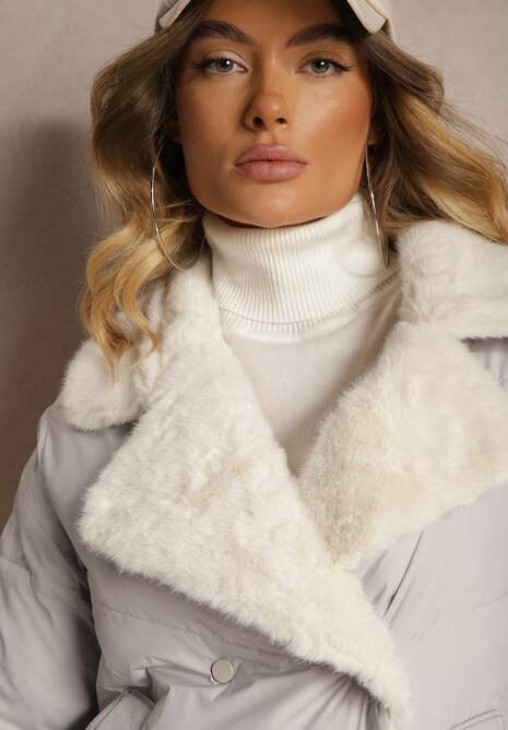 Szara Kurtka Ozdobiona Pikowaniem Kołnierzem z Futerkiem i Napami Deolina