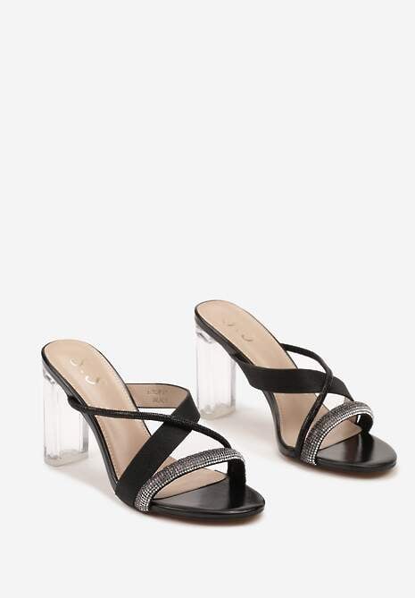 Czarne Klapki Ozdobione Brokatem i Cyrkoniami z Przezroczystym Obcasem Kavinia