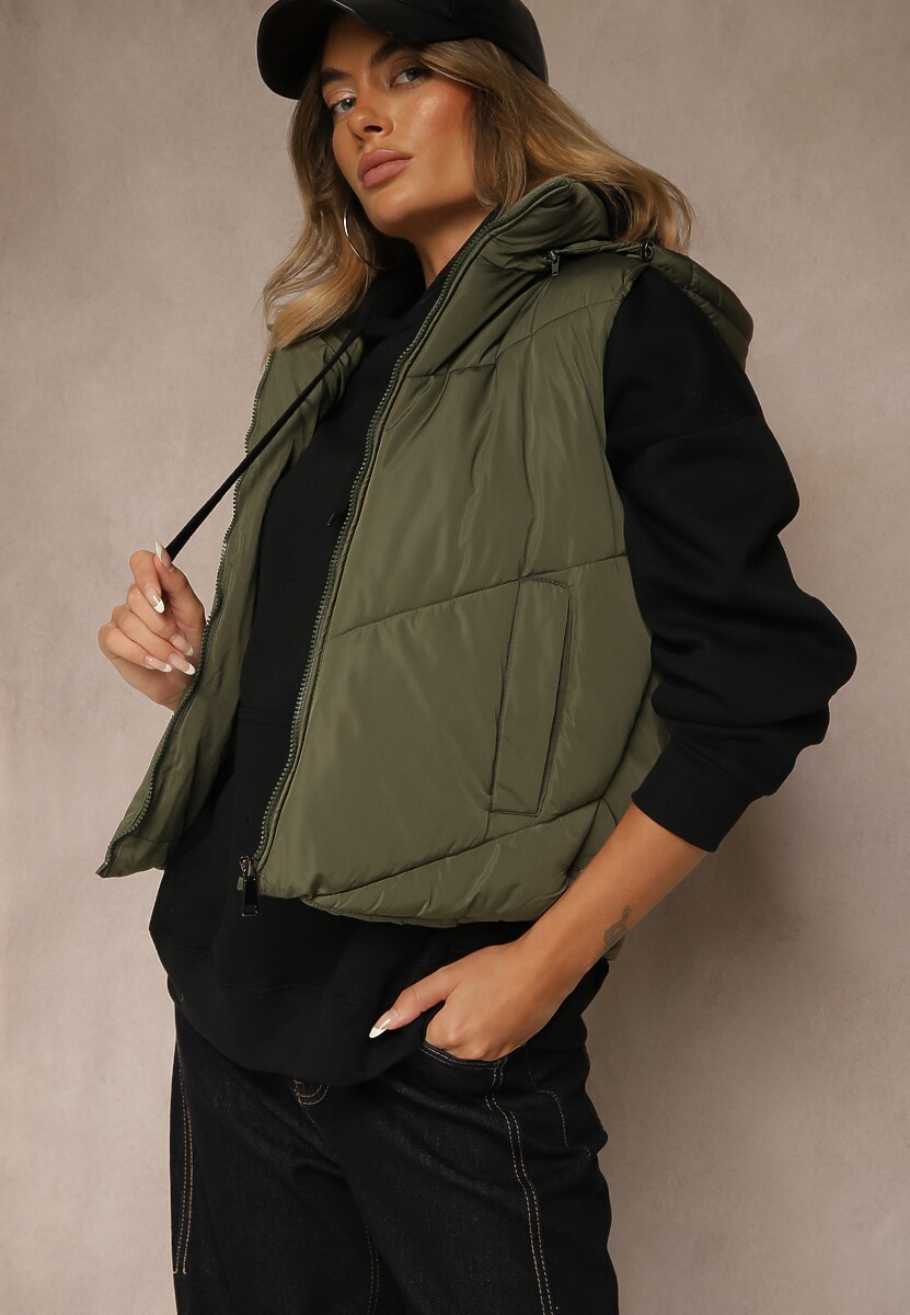 Ciemnozielona Pikowana Kamizelka Casual z Kapturem Olanissa