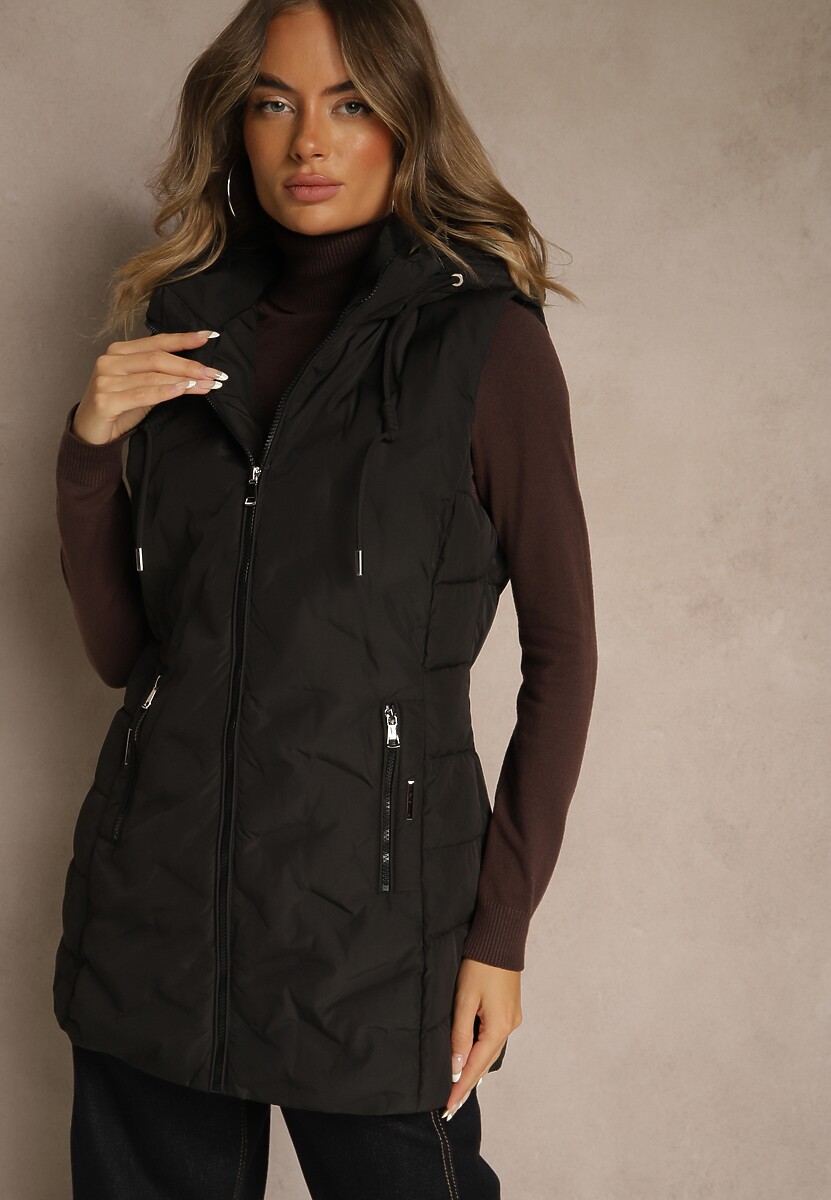 Czarna Taliowana Kamizelka Przejściowa z Kapturem Olepia