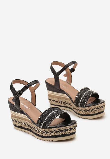 Czarne Sandały na Koturnie i Platformie z Błyszczącą Plecionką z Cyrkoniami Kilimana