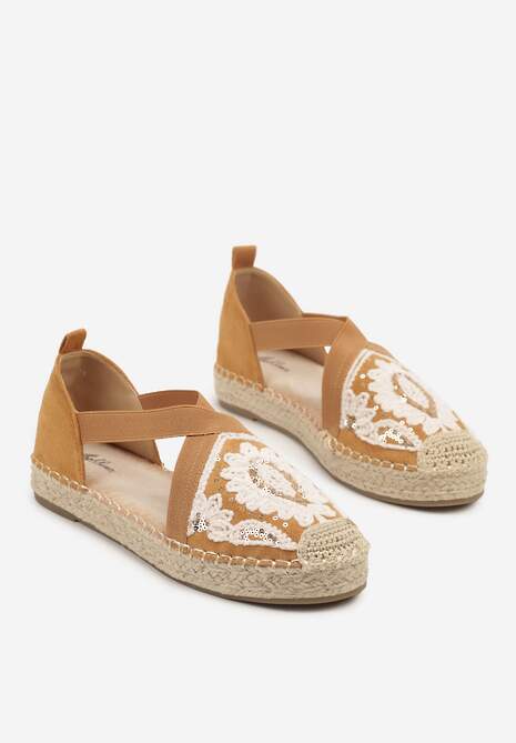 Jasnobrązowe Haftowane Espadryle z Elastycznymi Paskami na Podeszwie z Plecionki Fodamira