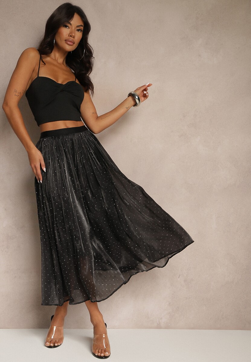 Czarna Spódnica o Rozkloszowanym Kroju z Ozdobnymi Cyrkoniami Folaressa