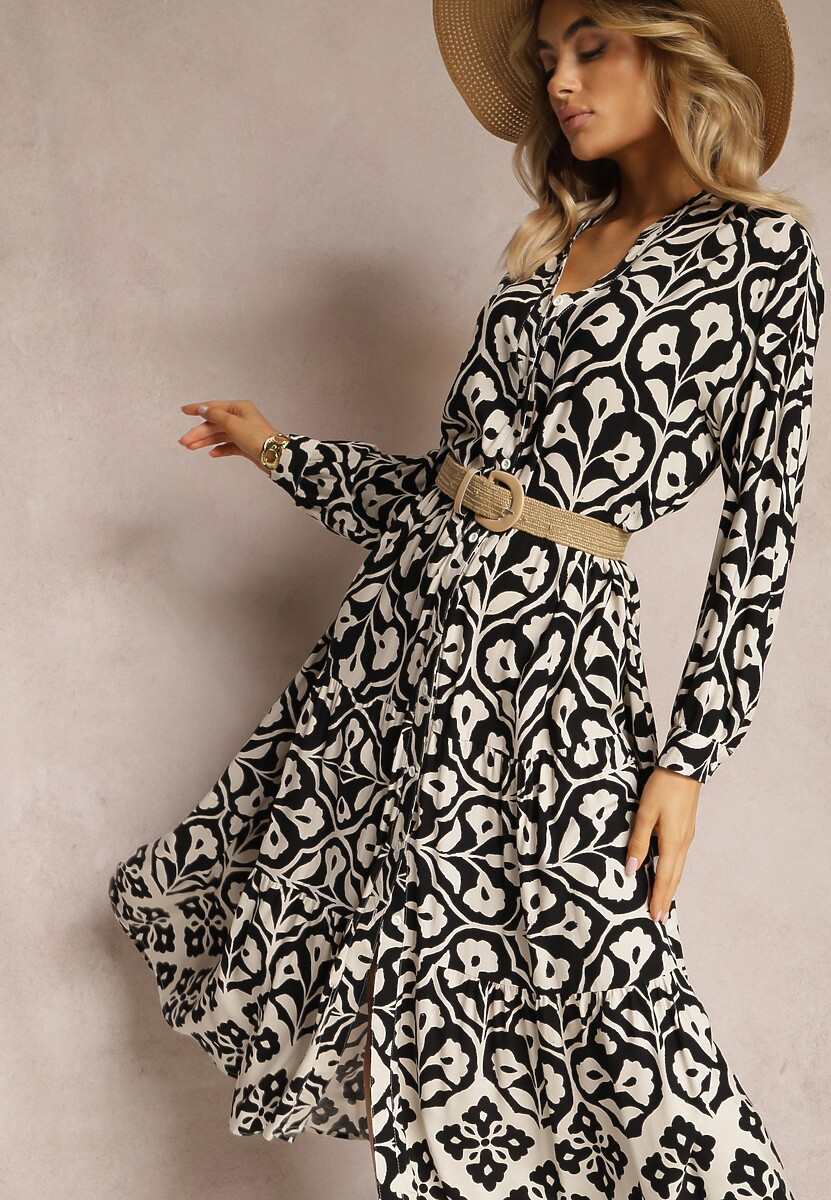 Czarna Koszulowa Sukienka Ozdobiona Ornamentalnym Printem Crypta