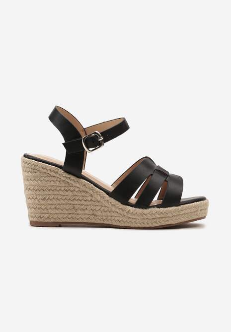 Czarne Sandały na Koturnie z Przeplatanymi Paseczkami i Plecionką Pearlina
