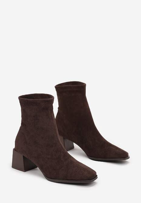 Brązowe Botki na Słupku z Kwadratowym Noskiem Jozelinetta