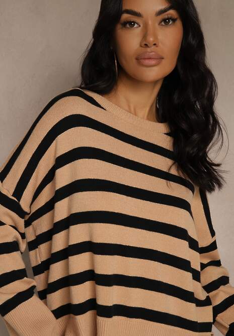 Beżowo-Czarny Sweter Oversize w Paski Kalitusa