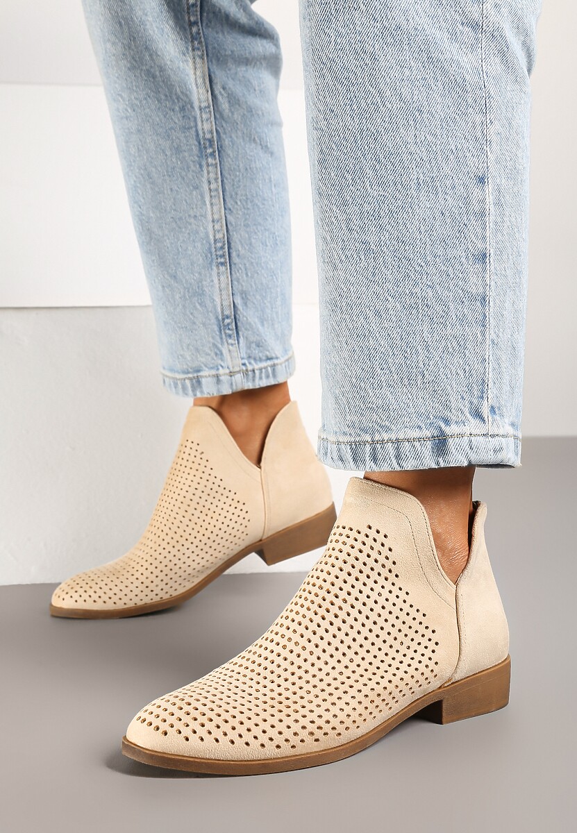 Beżowe Botki Vices na Płaskiej Podeszwie Ozdobione Wycięciem Felirwen