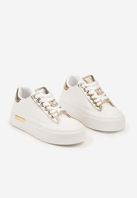 Białe Casualowe Sneakersy na Platformie Ozdobione Cyrkoniami i Metalicznymi Wstawkami Primaria