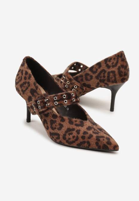 Brązowe Panterkowe Czółenka Vices na Szpilce z Wkładką ze Skóry Naturalnej z Klamrą Nalisette
