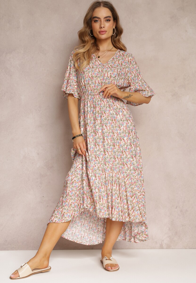 Biało-Różowa Wiskozowa Sukienka Midi w Kwiaty z Gumką w Talii i Falbanką Nothy