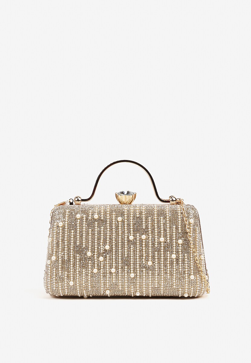 Złota Torebka Kopertówka Ozdobiona Perełkami i Cyrkoniami Fessurea