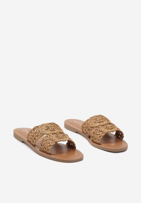 Brązowe Klapki na Płaskiej Podeszwie z Wyściółką z Ekoskóry i Paskiem z Plecionki Lulicella