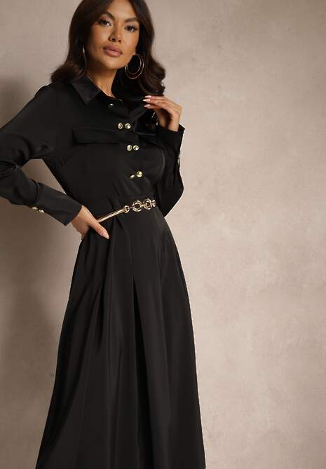 Czarna Koszulowa Sukienka o Rozkloszowanym Kroju z Gumką w Pasie i Imitacją Kieszeni Etaviela