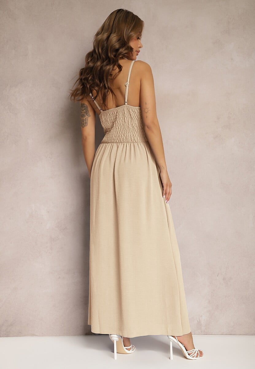 Beżowa Sukienka z Wycięciami na Ramiączkach z Wycięciami i Gumką w Talii Lomiara