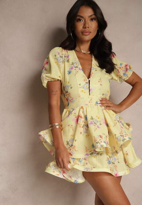Żółta Rozkloszowana Sukienka z Bawełny Zdobiona Falbanami i Kwiatowym Wzorem Sarolisse