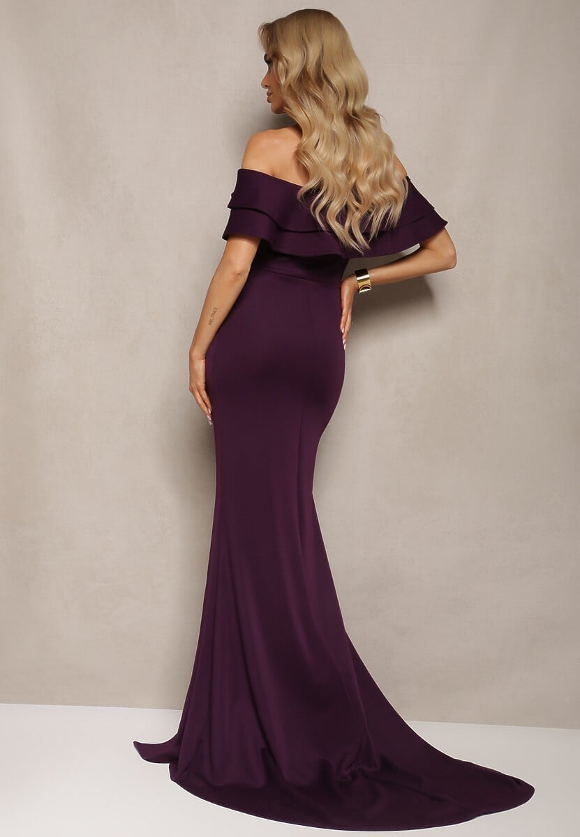 Fioletowa Sukienka Wieczorowa o Fasonie Hiszpanki z Rozcięciami i Rozkloszowanym Dołem Ulcini