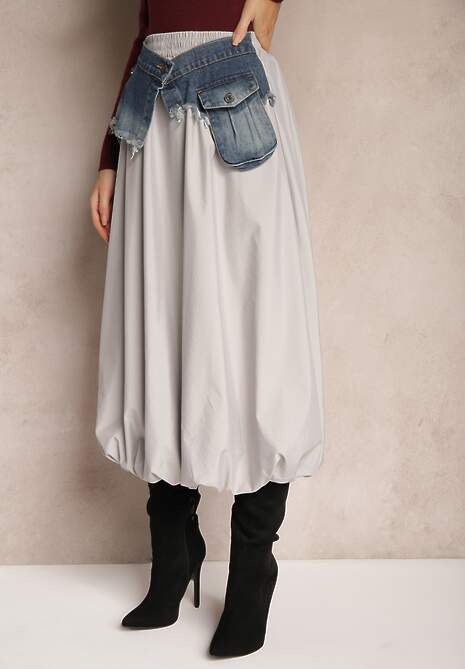 Szara Spódnica o Kroju Bombki z Jeansową Talią i Kieszeniami Ansarise