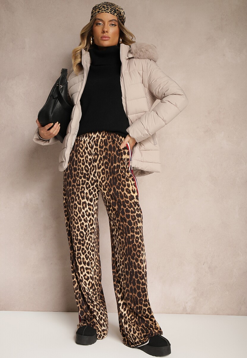 Ciemnobeżowa Taliowana Kurtka z Pikowanymi Przeszyciami z Kapturem z Futerkiem Loretina