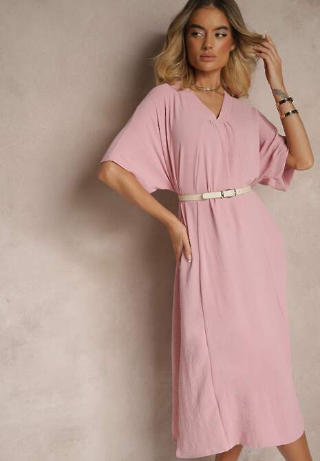 Różowa Pudełkowa Sukienka z Bawełną i Marszczeniem Teleriela