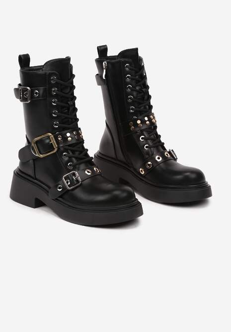 Czarne Botki Typu Workery z Cholewką Ozdobioną Paskami ze Sprzączkami Leamithra
