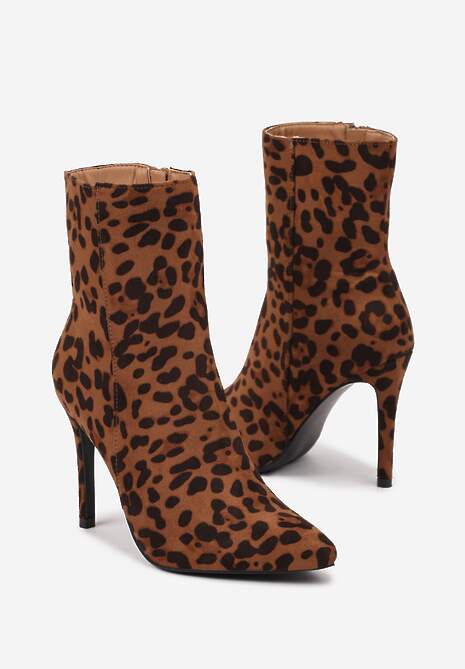 Brązowe Botki w Panterkę na Szpilce ze Szpiczastym Noskiem Glencora
