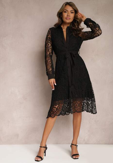 Czarna Rozkloszowana Midi Sukienka Ozdobiona Koronką z Paskiem w Talii Sailla