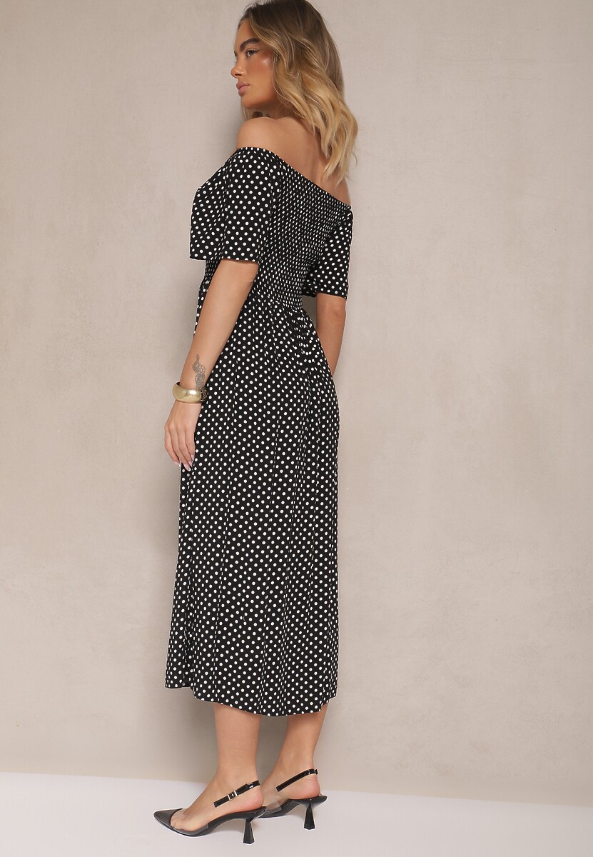 Czarna Bawełniana Sukienka o Rozkloszowanym Kroju Zdobiona Printem w Groszki Lisanovia