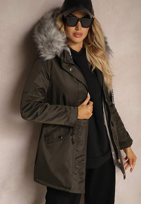 Zielono-Szara Kurtka Parka z Kapturem i Futrzanym Obszyciem z Możliwością Odpięcia Inaveira