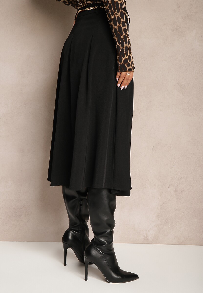Czarna Spódnica z Wiskozą o Rozkloszowanym Kroju z Paskiem Łańcuszkiem Lilethra