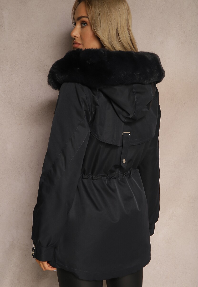 Granatowa Kurtka Typu Parka z Kapturem i Futerkiem z Możliwością Odpięcia Marindria