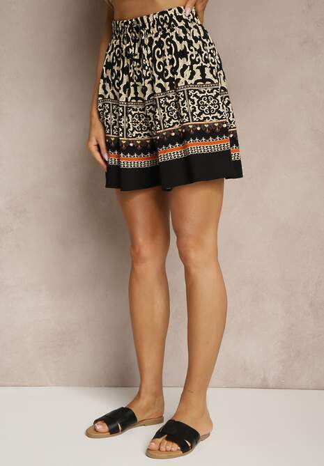 Czarne Szorty Bermudy z Bawełny z Gumką w Pasie w Ornamentalny Print Volienne