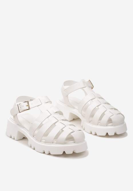 Białe Sandały Zapinane wokół Kostki na Sprzączkę z Wycięciami na Grubej Podeszwie Vapira