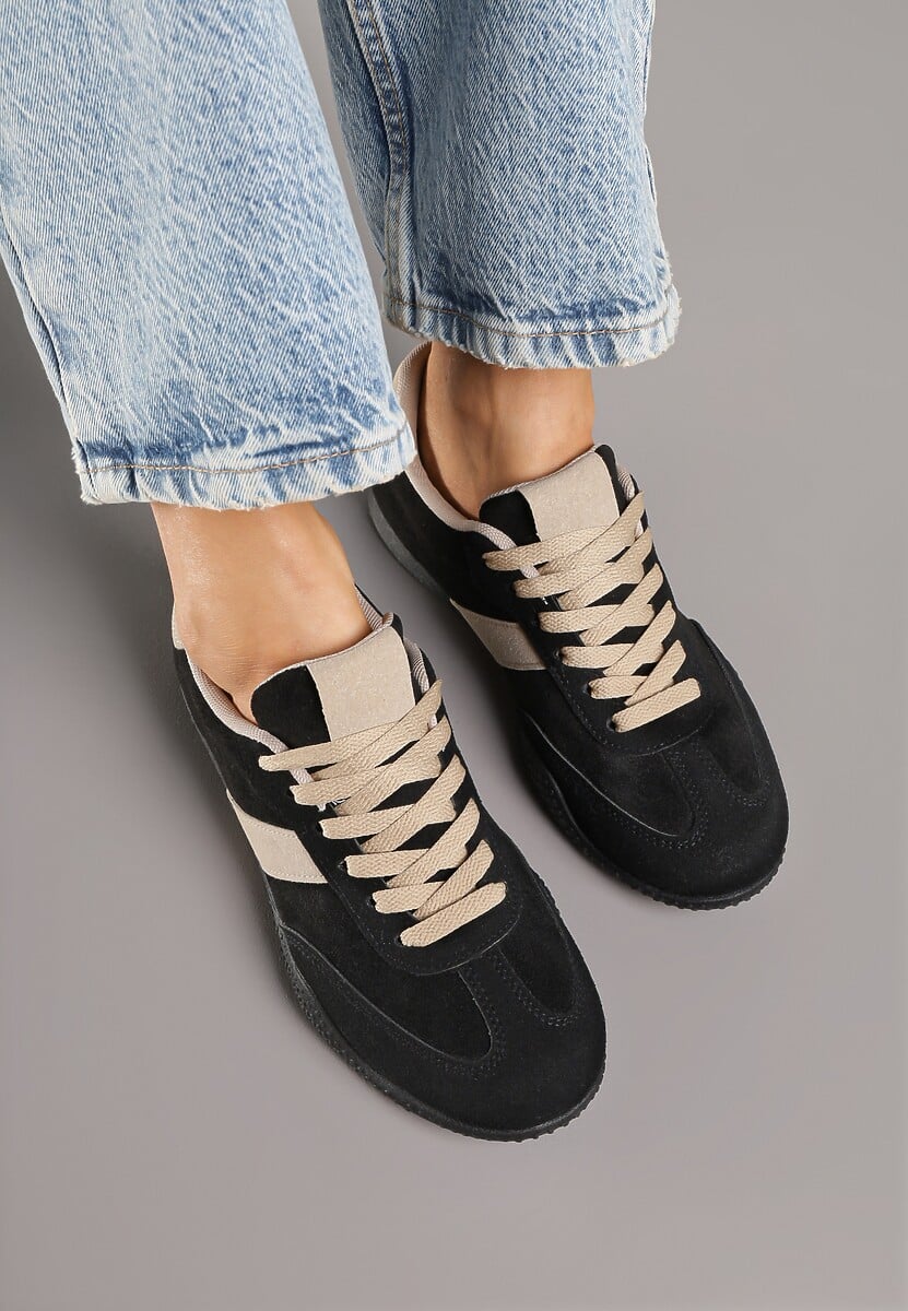 Czarno-Beżowe Sneakersy Ozdobione Tłoczeniem Halennesa