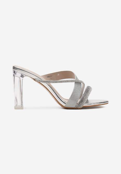 Srebrne Klapki Ozdobione Brokatem i Cyrkoniami z Przezroczystym Obcasem Kavinia