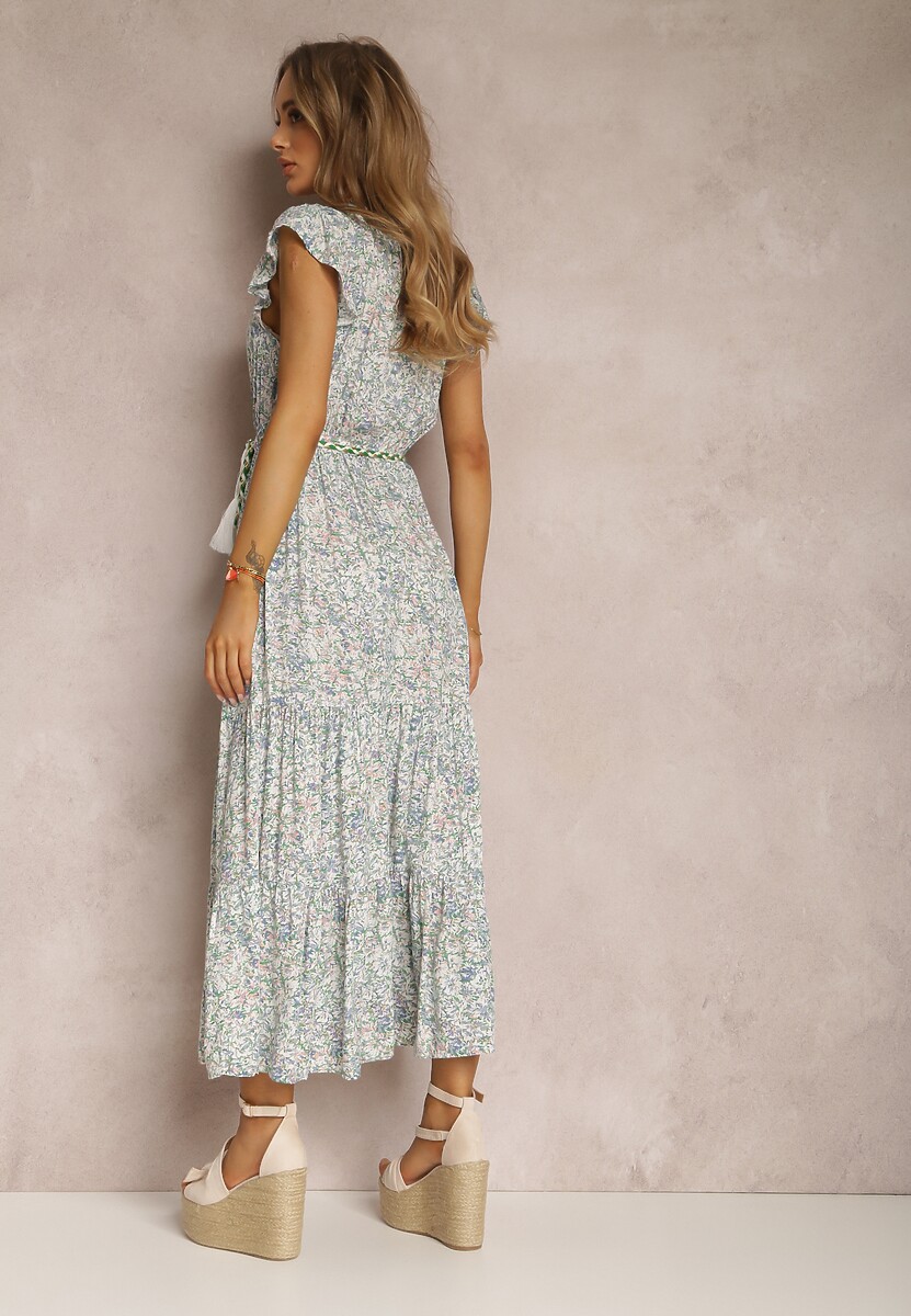 Biało-Zielona Sukienka ze Sznurkiem Olathe