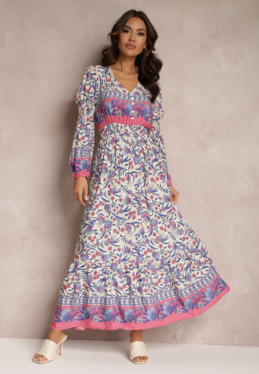 Beżowo-Niebieska Sukienka Maxi w Kwiaty z Wiskozy Vellu