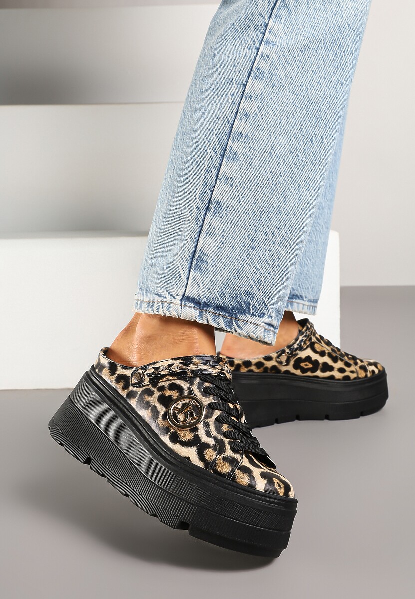 Brązowe Sneakersy Vices na Platformie z Tłoczeniem Paskiem na Pięcie i Metaliczną Aplikacją Ozdobione Wzorem w Panterkę Selfedi
