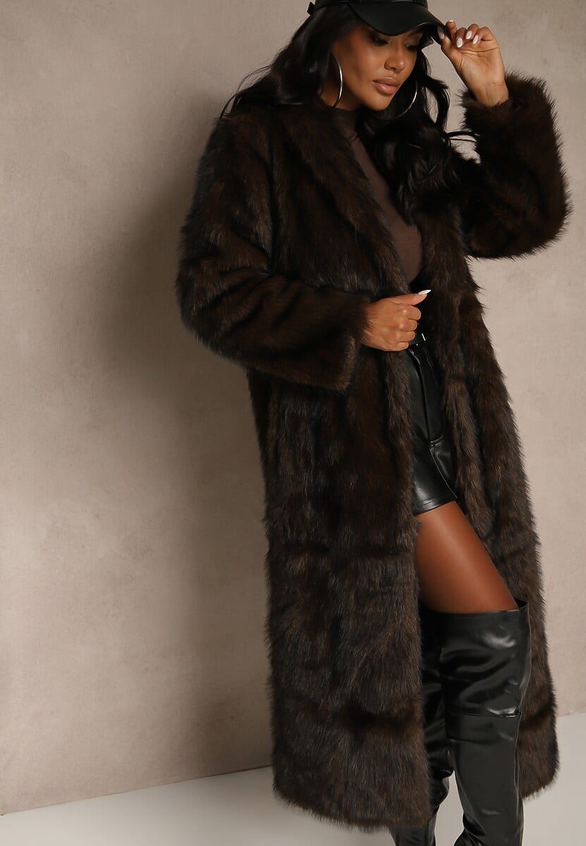 Brązowy Płaszcz Futerko o Długim Kroju Ozdobiony Kołnierzem Cannesa