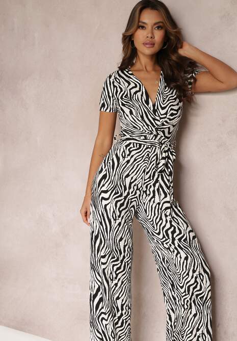 Biało-Czarny Długi Kombinezon z Wiązaniem i Zwierzęcym Wzorem Marlifia