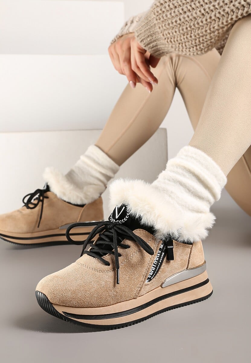 Szare Sneakersy na Płaskiej Podeszwie z Napisem i Futerkiem Taricea