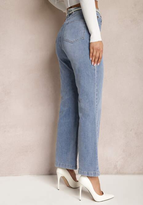 Jasnoniebieskie Jeansy Dzwony z Odpinanym Paskiem z Perłami Dasalind