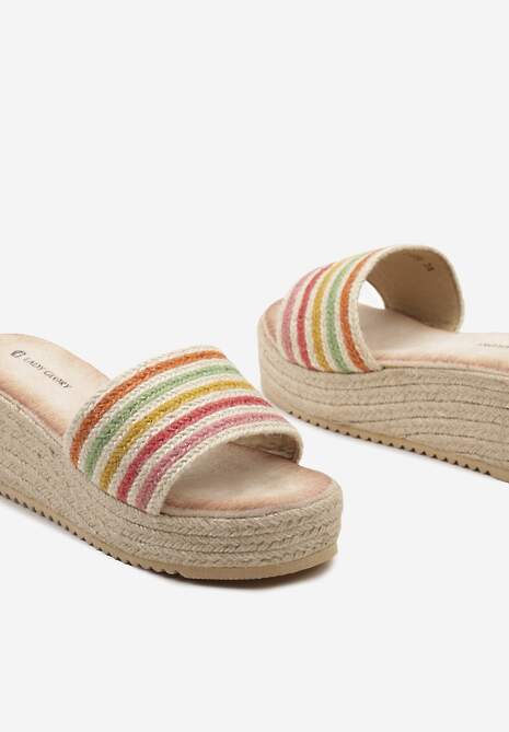 Różowo-Beżowe Klapki z Wyściółką z Ekozamszu na Koturnie Ozdobionym Plecionką  Fitesa